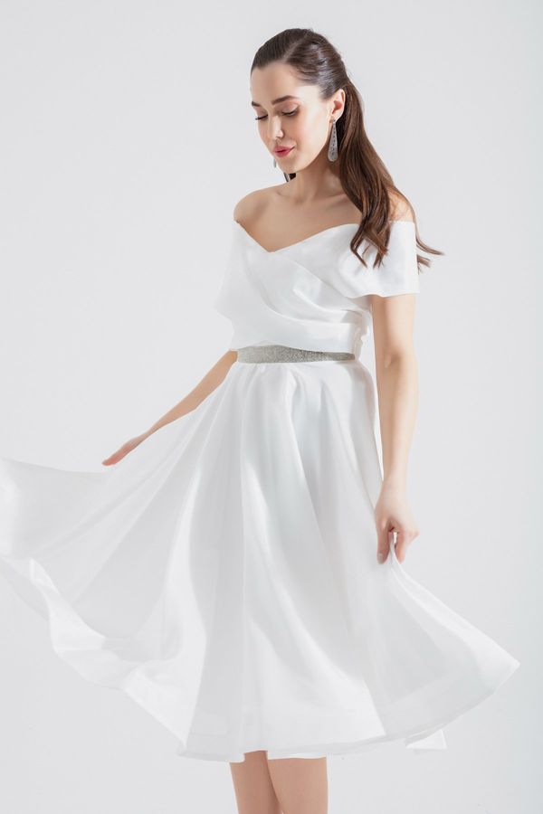 Lafaba Lafaba Women's White Boat Neck Stripe Jewelled Midi Evening Dress