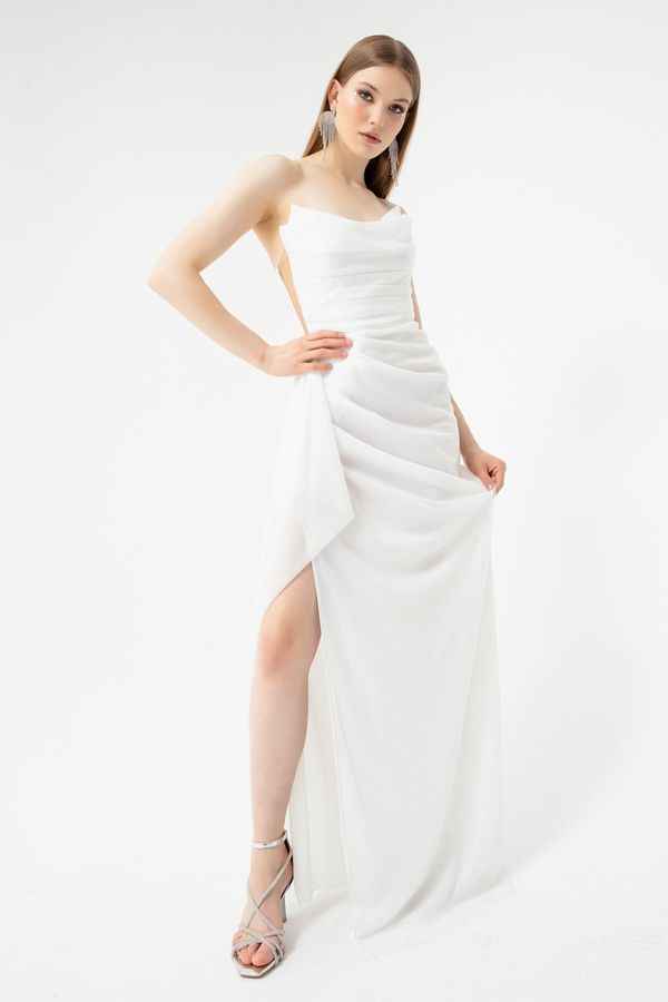 Lafaba Lafaba Women's White Chest Draped Slit Glitter Evening Dress