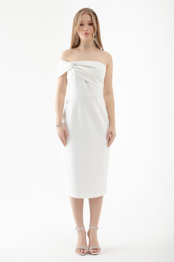 Lafaba Lafaba Women's White Double Bandage One-Shoulder Midi Evening Dress