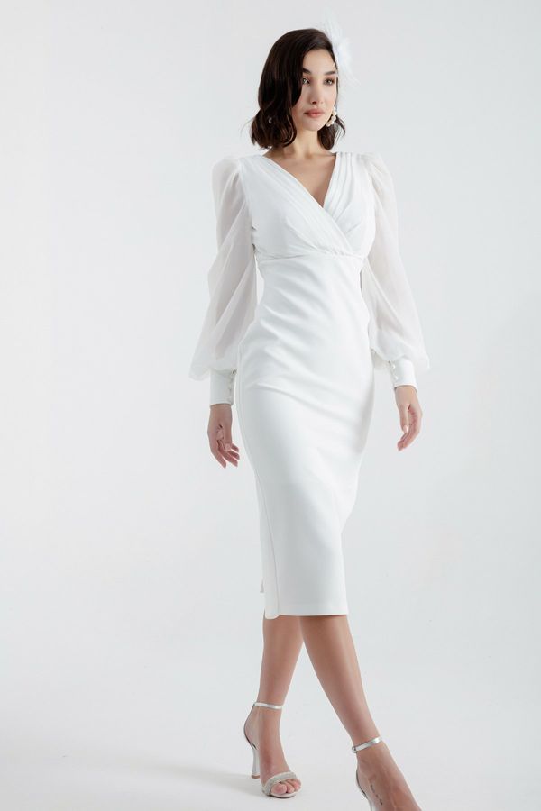 Lafaba Lafaba Women's White Double Breasted Neck Midi Evening Dress