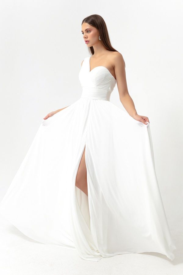 Lafaba Lafaba Women's White One-Shoulder Slit Long Evening Dress