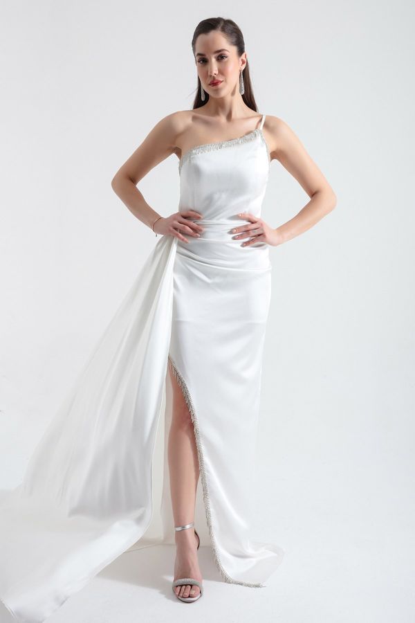 Lafaba Lafaba Women's White One-Shoulder Stone Long Satin Evening Dress