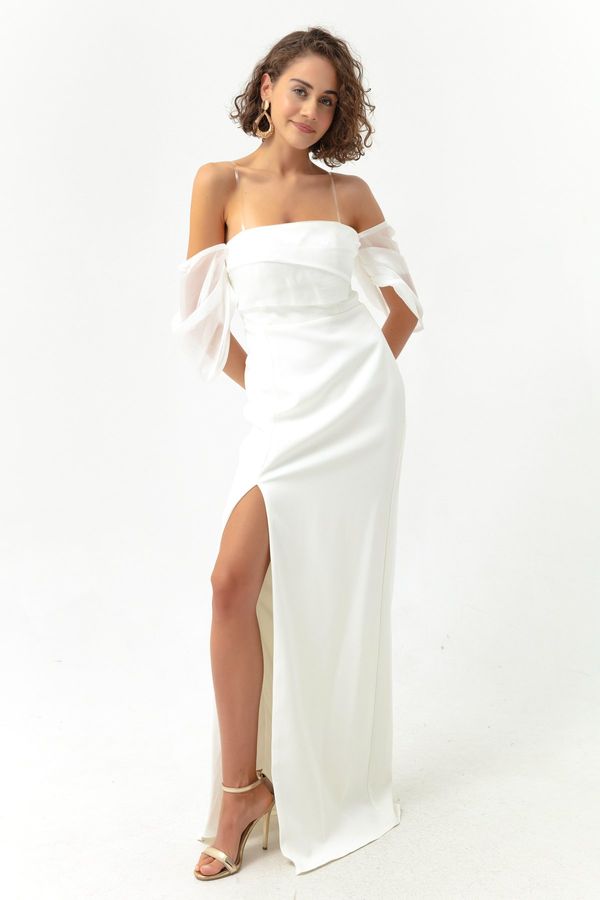 Lafaba Lafaba Women's White Princess Sleeve Organza Long Evening Dress