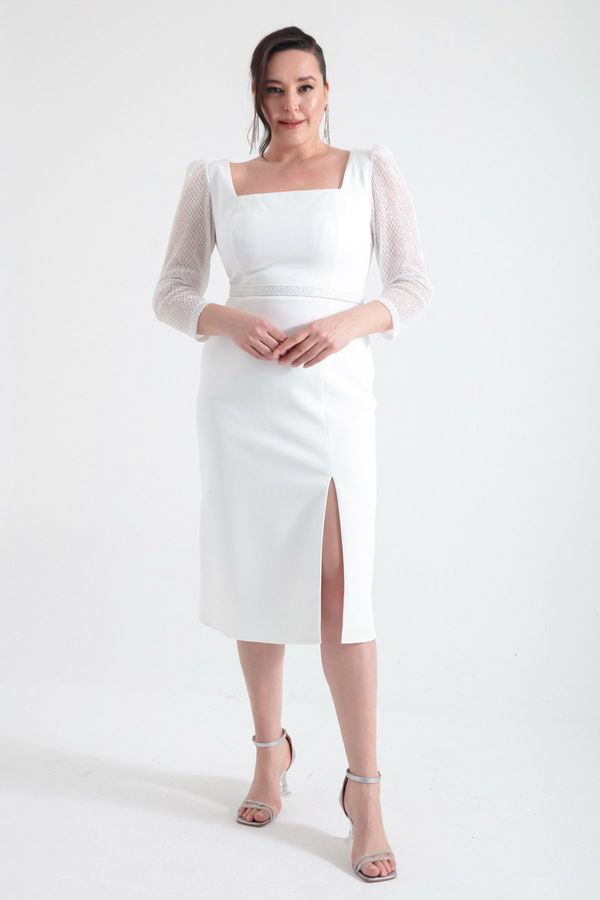 Lafaba Lafaba Women's White Square Neck Belted Midi Plus Size Evening Dress