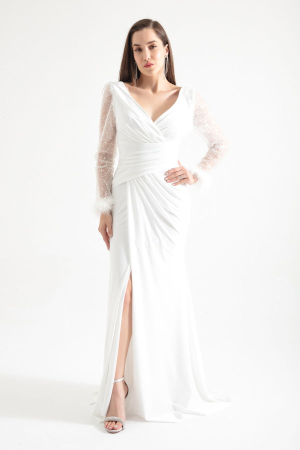 Lafaba Lafaba Women's White V-Neck Long Evening Dress with a Slit with Stones on the sleeves.