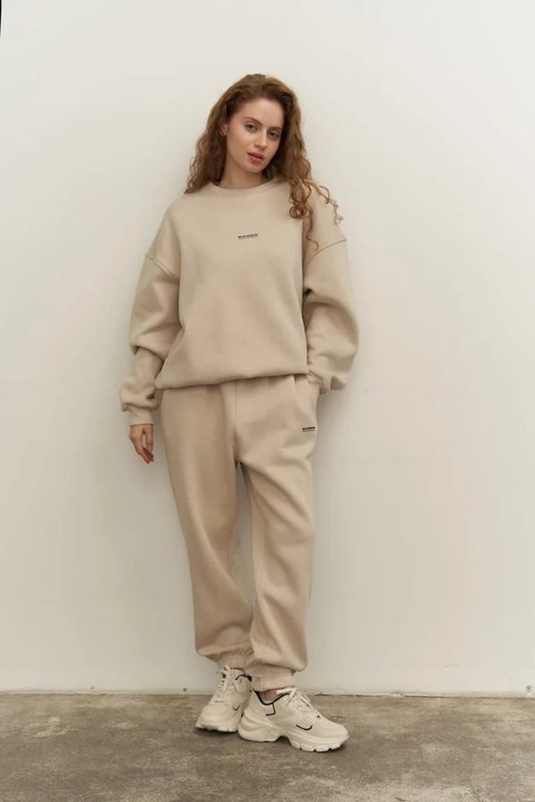 Laluvia Laluvia Beige Embossed Text Printed Crew Neck Tracksuit Set