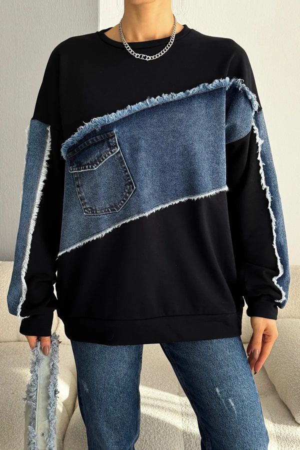 Laluvia Laluvia Black Asymmetric Denim Detailed Sweatshirt