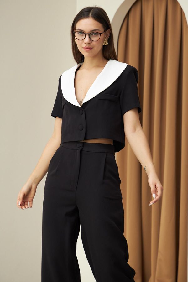 Laluvia Laluvia Black Collar Button Detailed Trouser Suit