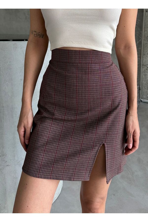 Laluvia Laluvia Claret Red Plaid Front Slit Mini Skirt