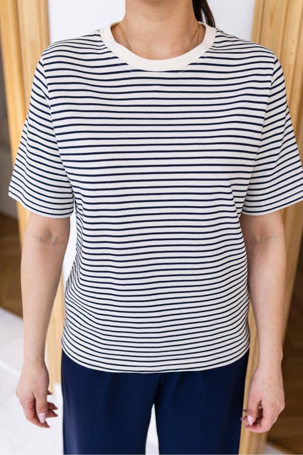 Laluvia Laluvia Ecru-Navy Blue Striped Crew Neck Cotton T-Shirt