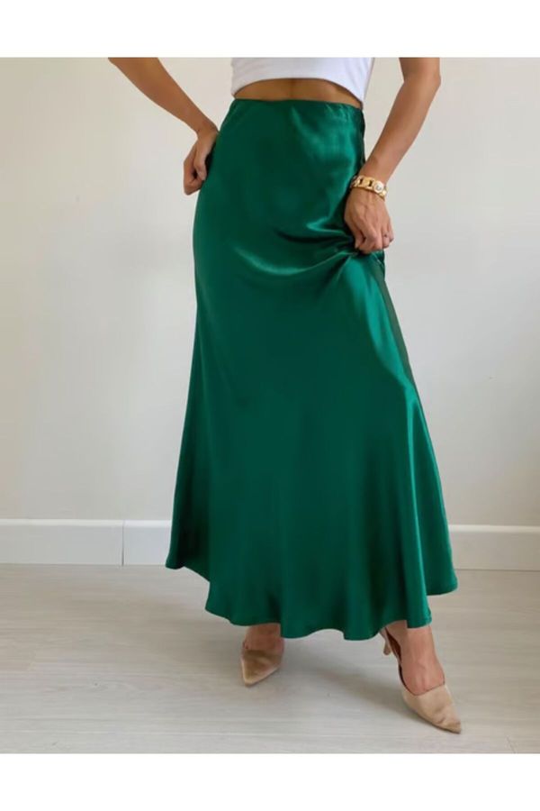 Laluvia Laluvia Emerald Satin Skirt with Hidden Side Zipper and Elastic Waist
