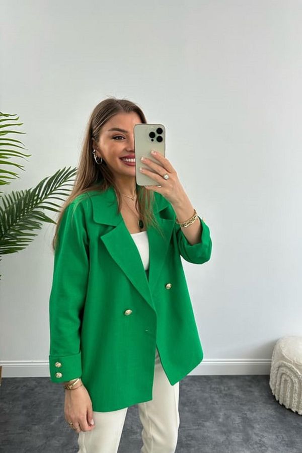 Laluvia Laluvia Green Linen Gold Buttoned Oversize Jacket