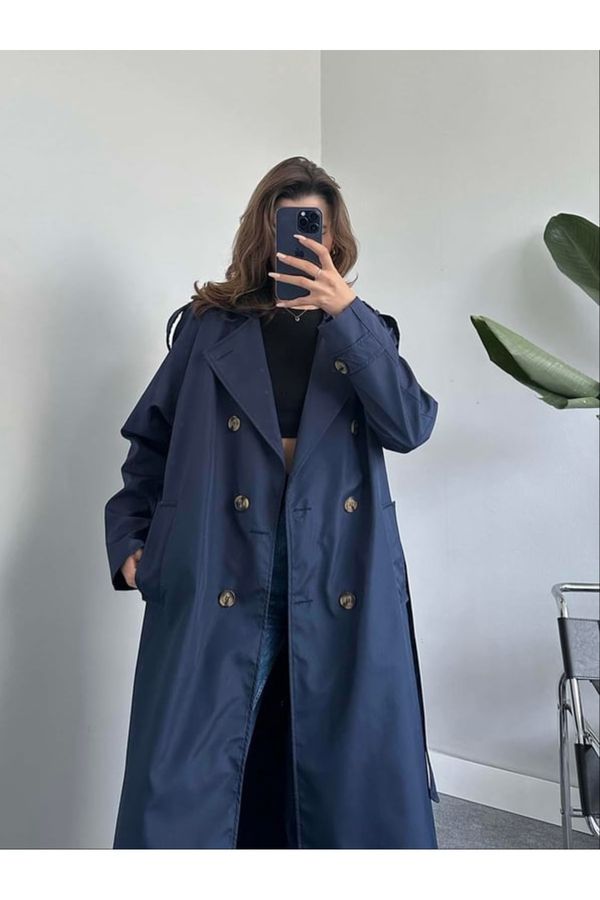 Laluvia Laluvia Navy Blue Button Detailed Long Trench Coat with a Belt