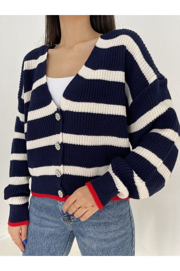 Laluvia Laluvia Navy Blue Color Striped Cardigan with Stone Buttons