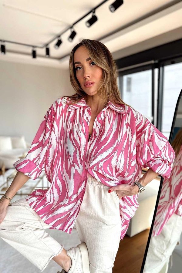 Laluvia Laluvia Pink Viscose Fabric Patterned Oversized Women's Shirt.