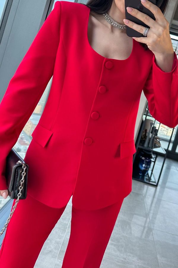 Laluvia Laluvia Red Premium Round Neck Jacket Pants Suit