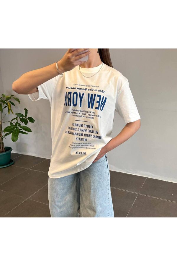 Laluvia Laluvia White Blue New York Printed T-shirt