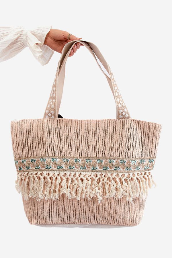 Kesi Large Nude Missalori Woven Beach Bag with Fringe