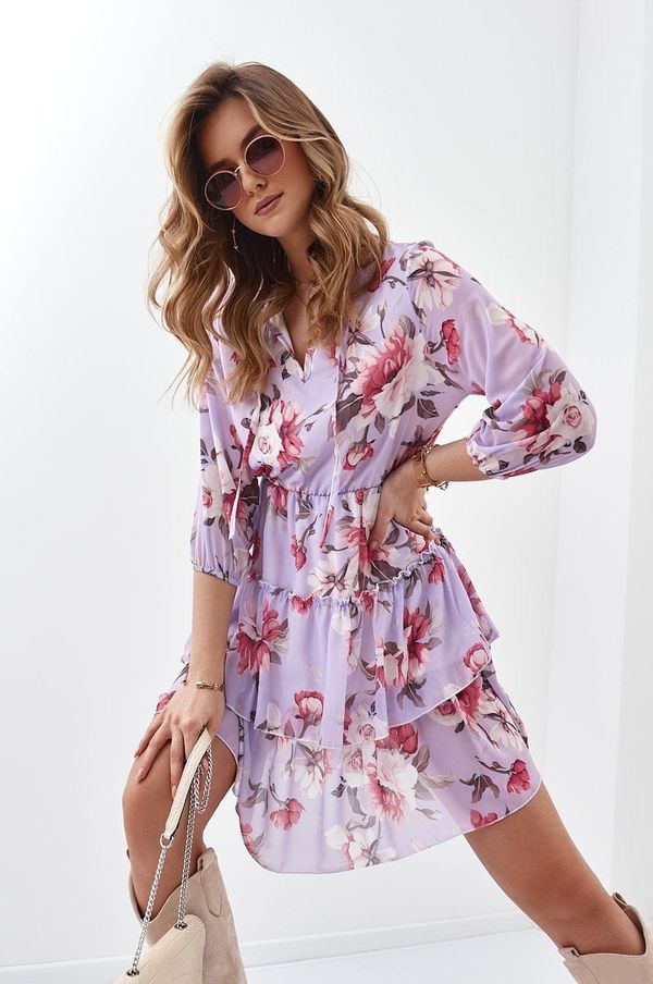 FASARDI Lavender floral dress with a tied neckline