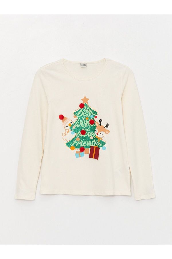 LC Waikiki LC Waikiki Crew Neck Christmas Themed Long Sleeve Girls T-Shirt