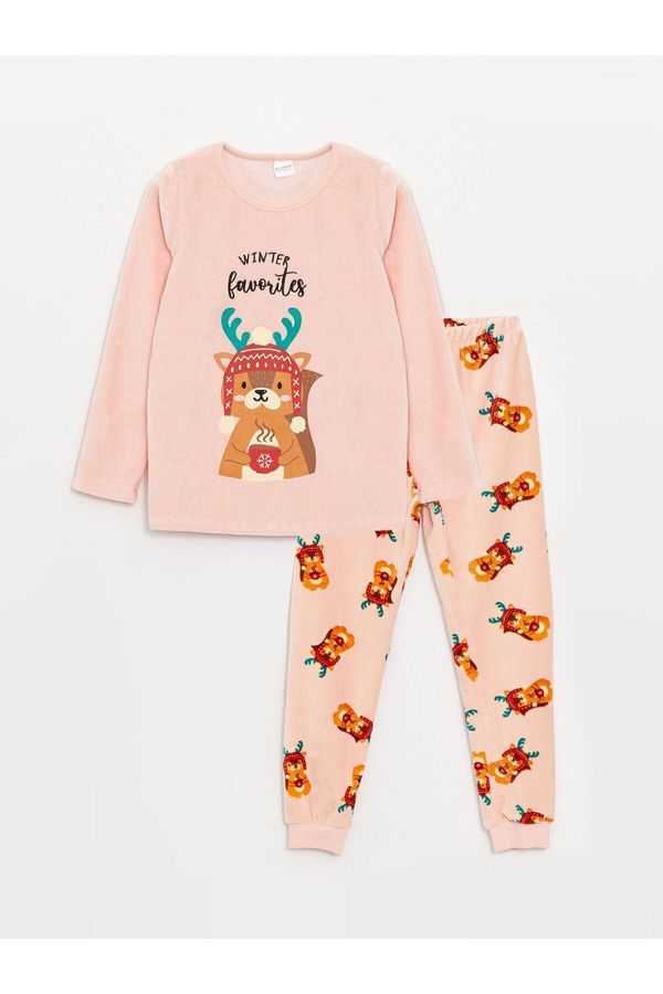 LC Waikiki LC Waikiki Crew Neck Christmas Themed Long Sleeve Velvet Girls Kids Pajamas Set