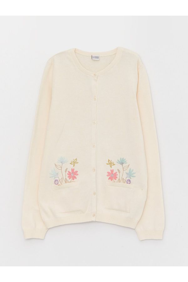 LC Waikiki LC Waikiki Crew Neck Embroidered Long Sleeve Girl's Knitwear Cardigan