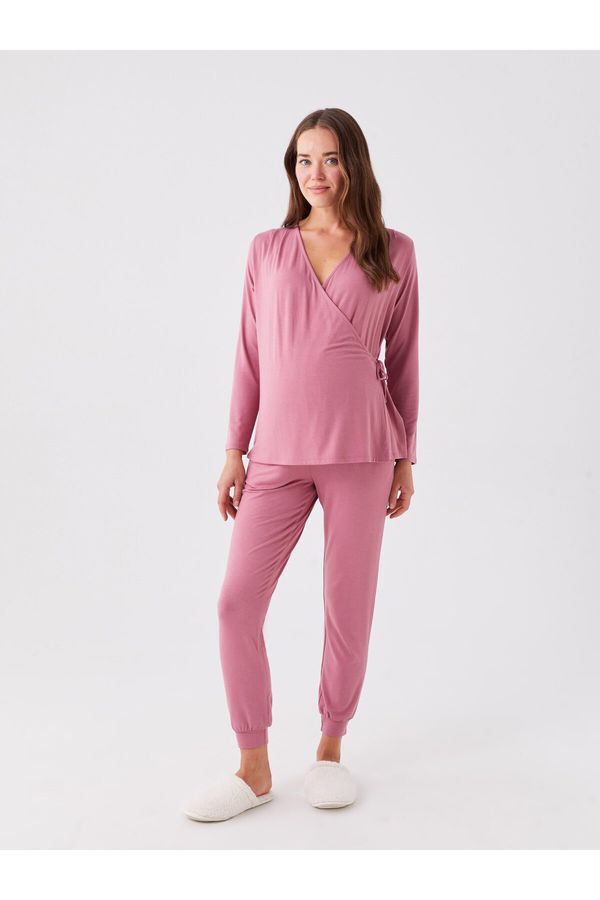 LC Waikiki LC Waikiki Double Breasted Neck Plain Long Sleeve Maternity Pajamas Set