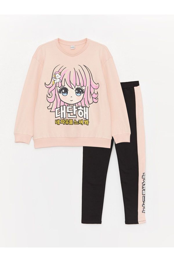 LC Waikiki LC Waikiki Girls' Crew Neck Long Sleeve Printed Sweatshirt and Leggings Trousers