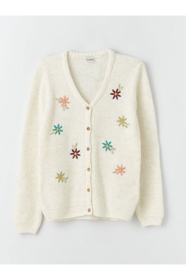 LC Waikiki LC Waikiki Girls' V-Neck Embroidered Long Sleeve Knitwear Cardigan