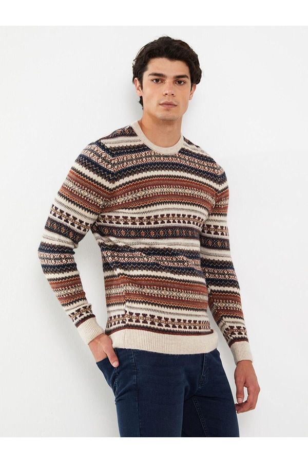 LC Waikiki LC Waikiki LCW Casual Beige Melange Crew Neck Long Sleeve Patterned Men's Knitwear Sweater