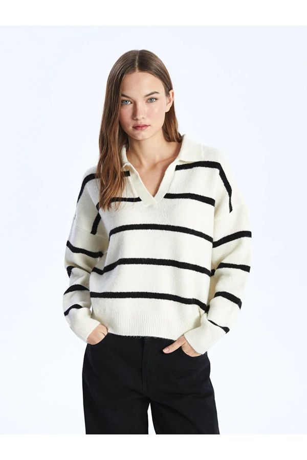 LC Waikiki LC Waikiki LCW Casual Polo Collar Striped Long Sleeve Oversize Women's Knitwear Sweater