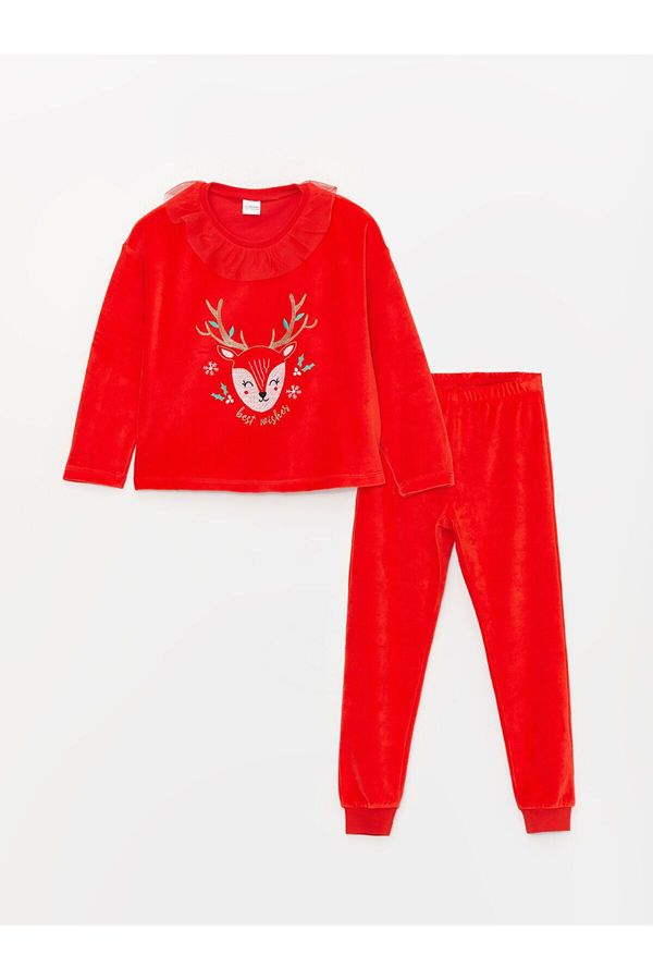 LC Waikiki LC Waikiki Lcw Crew Neck Christmas Themed Long Sleeve Velvet Girl's Pajamas Set