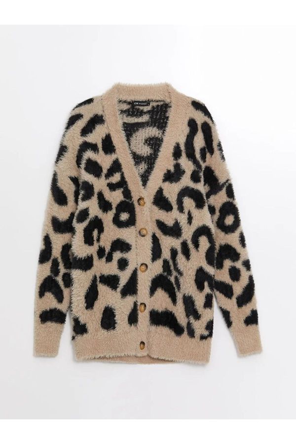 LC Waikiki LC Waikiki LCW Modest V Neck Leopard Patterned Long Sleeve Women's Knitwear Cardigan