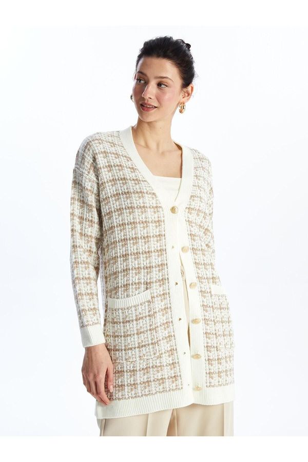 LC Waikiki LC Waikiki LCWAIKIKI Basic Jacquard V Neck Plaid Long Sleeve Women's Knitwear Cardigan