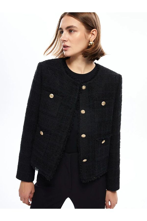 LC Waikiki LC Waikiki LCWAIKIKI Classic New Black Crew Neck Plain Long Sleeve Women's Tweed Jacket