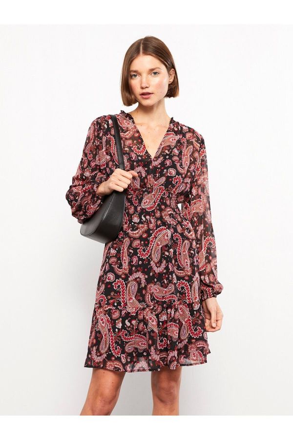 LC Waikiki LC Waikiki V-Neck Patterned Long Sleeve Chiffon Women's Dress