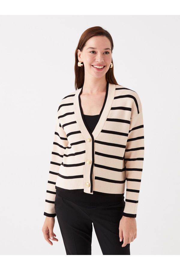 LC Waikiki LC Waikiki V-Neck Striped Long Sleeve Maternity Knitwear Cardigan