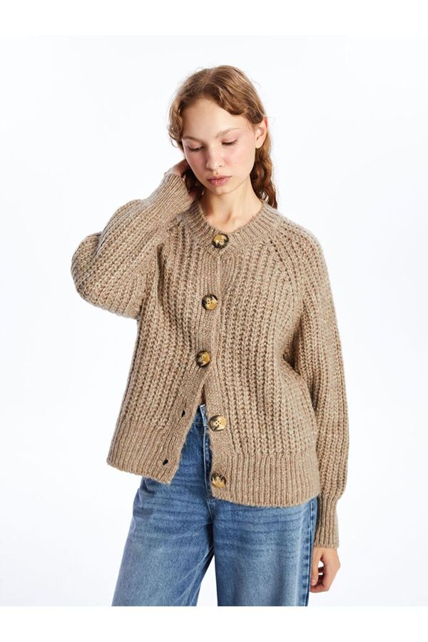 LC Waikiki LC Waikiki Vision Light Brown Crew Neck Textured Women's Knitwear Cardigan