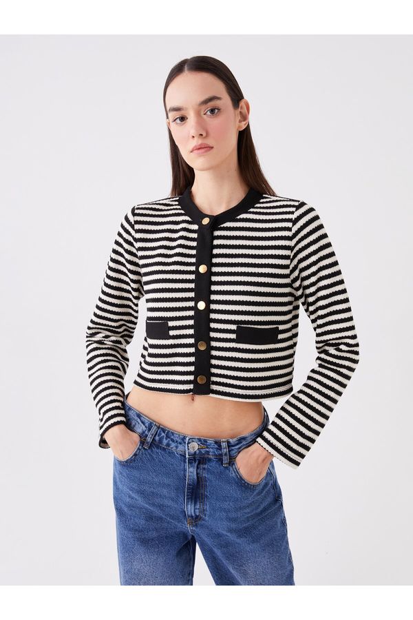 LC Waikiki LC Waikiki Women's Crew Neck Striped Long Sleeve Crop Knitwear Cardigan