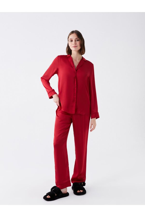 LC Waikiki LC Waikiki Women's Shirt Collar Plain Long Sleeve Satin Pajamas Set