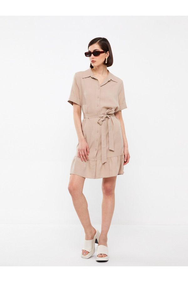 LC Waikiki LC Waikiki Women's Shirt Collar Straight Short Sleeve Linen Blended Dress