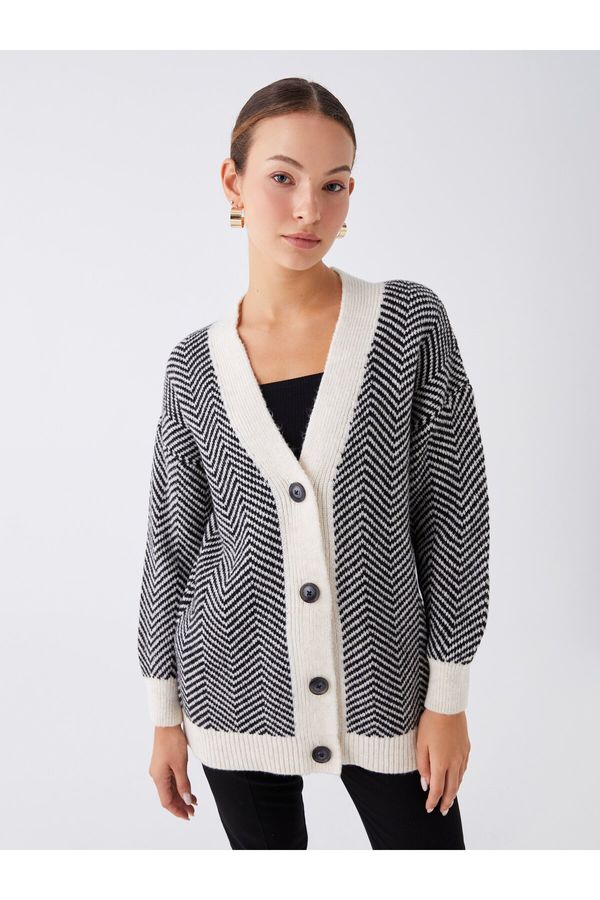 LC Waikiki LC Waikiki Women's V-Neck Patterned Long Sleeve Oversize Knitwear Cardigan