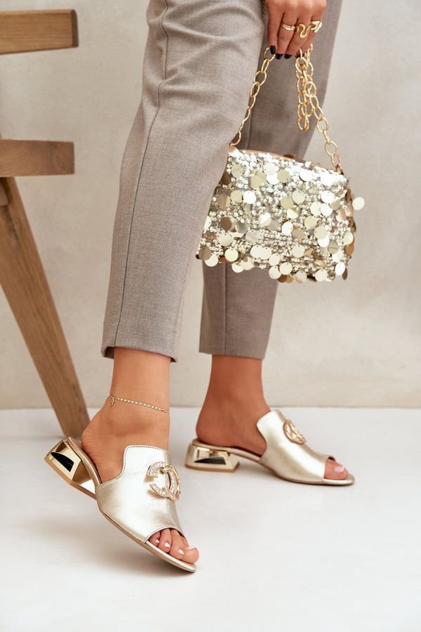 Laura Messi Leather Elegant Women's Slippers On Low Heel Laura Messi 2874 Golden