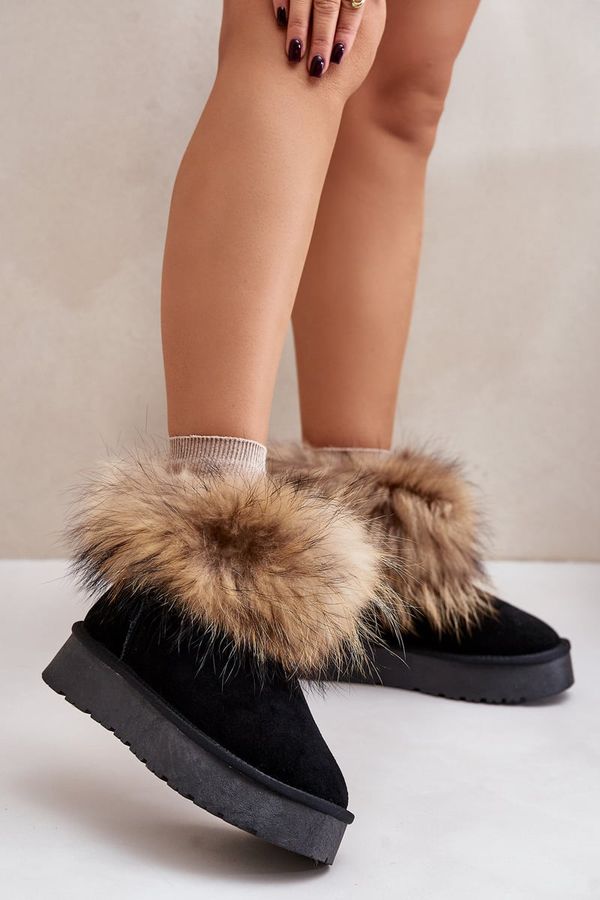 marka niezdefiniowana Leather snow boots on a platform with fur black avirisa