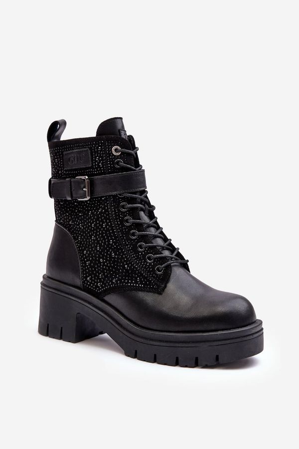 Kesi Leather work ankle boots decorated with rhinestones GOE Black