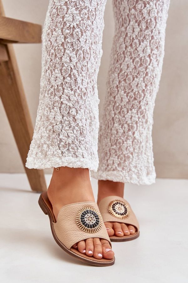 Lewski Shoes Lewski Shoes Leather Slippers With Decoration On Flat Heel Beige Lewski