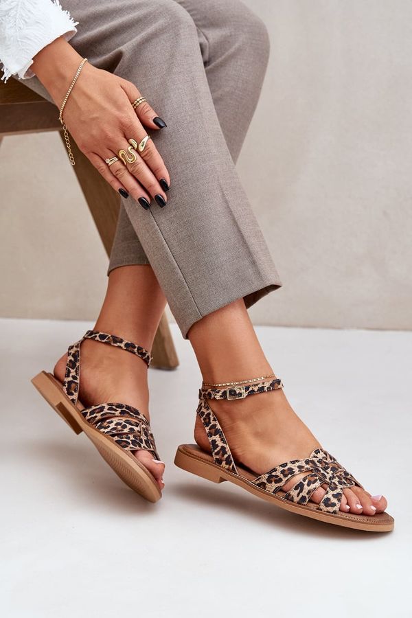 Lewski Shoes Lewski Shoes Leather Women's Sandals On Flat Heels Leopard Zazoo 3688 Brown