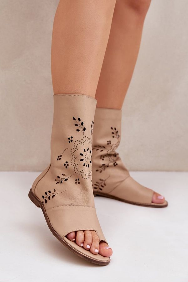 Lewski Shoes Lewski Shoes Zazoo 3437 Women's Leather Sandals With Zipper Beige