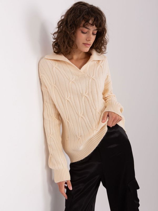 Fashionhunters Light beige cable knit sweater with collar