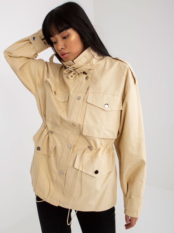 Fashionhunters Light beige cotton transition jacket with ribbing